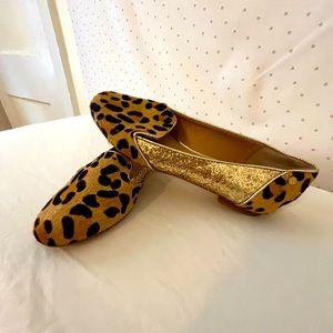 IMAN Leopard Cow Hair & Gold Glitter Leather Flat Shoes Size 7M